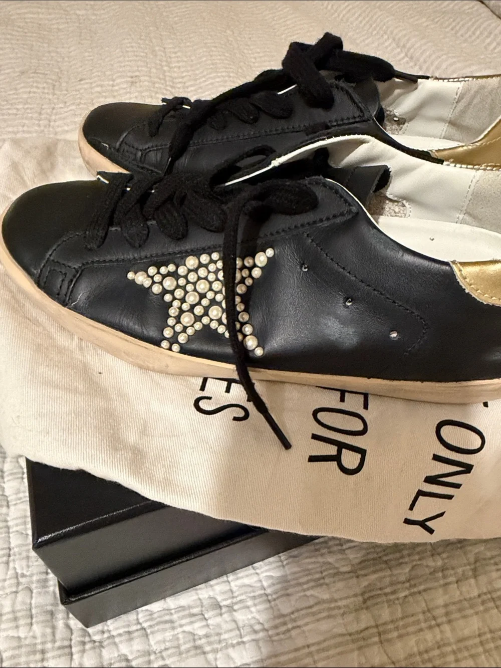 Golden Goose Black Leather Espadrille-Style Sneakers with Pearl Star Private Edi